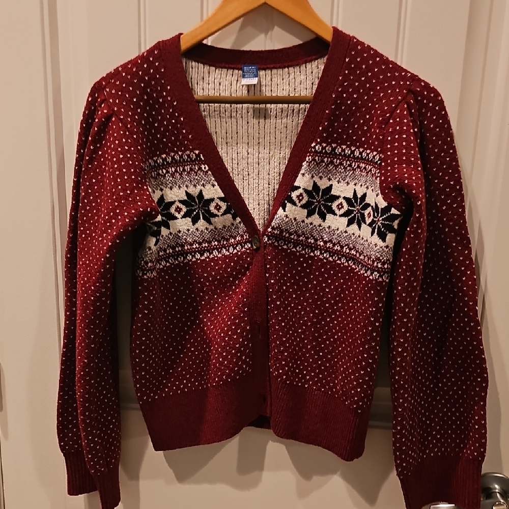Old Navy Maroon and White Knit Cardigan